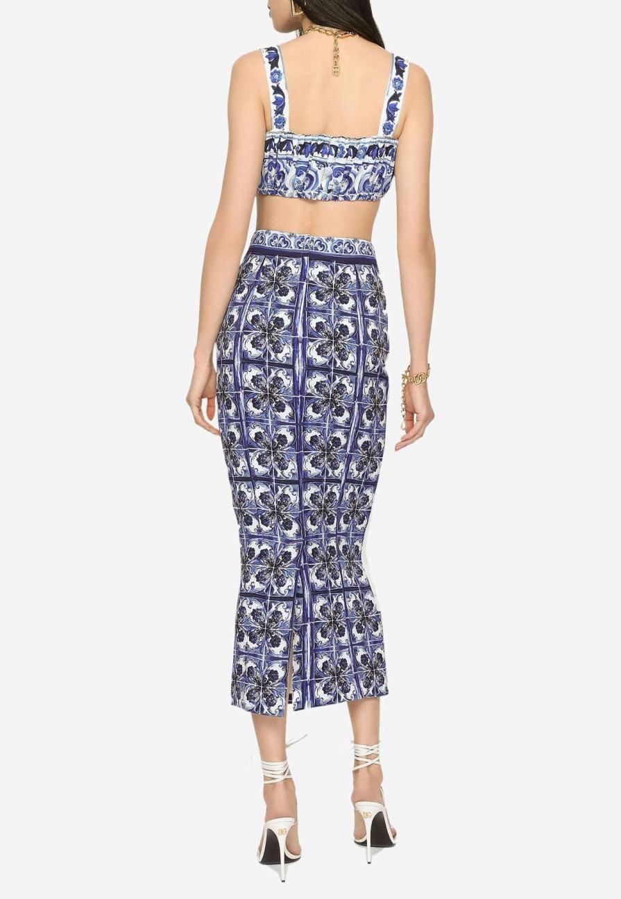 Skirts * | Dolce & Gabbana Majolica Print Silk Midi Skirt Blue