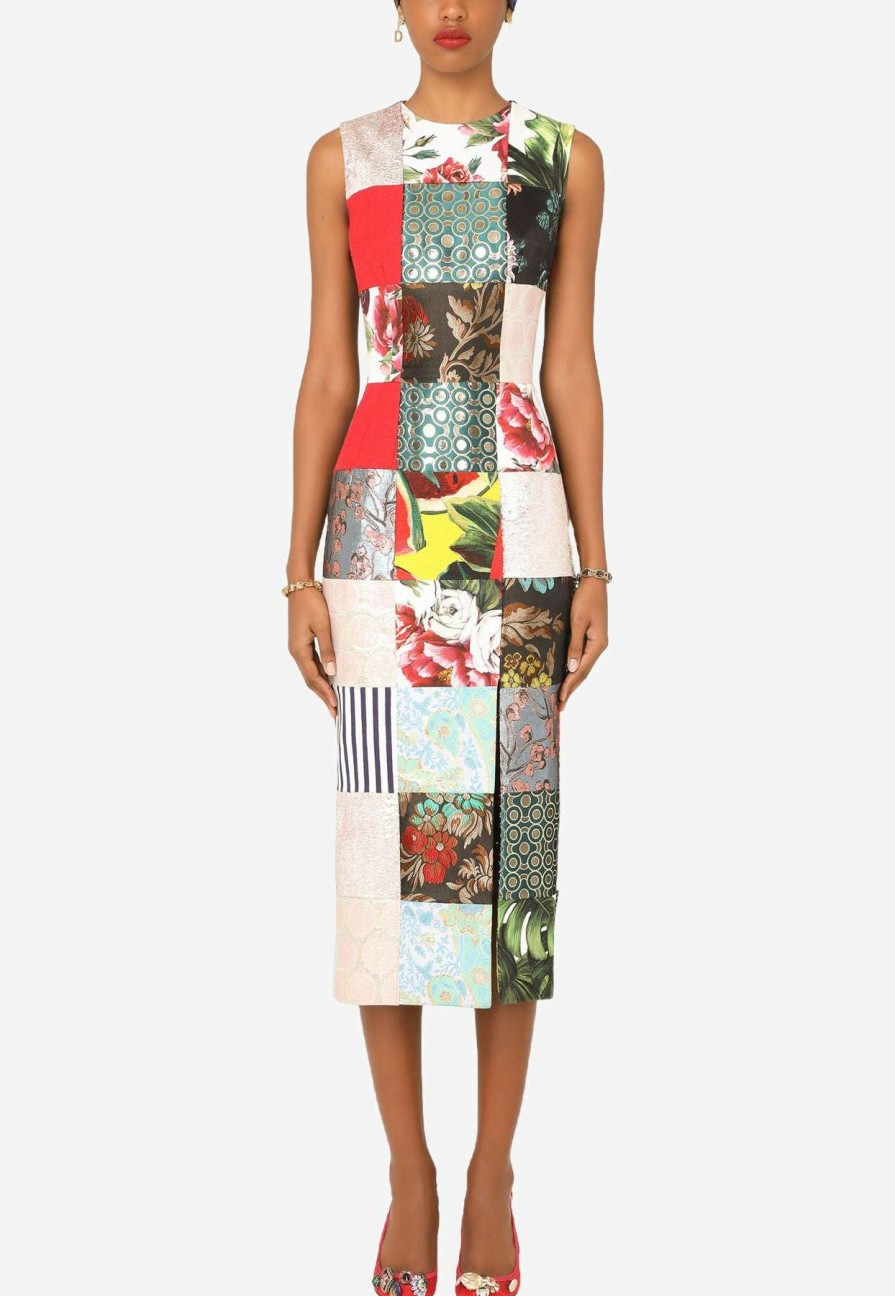 Evening * | Dolce & Gabbana Sleeveless Patchwork Jacquard Midi Dress Multicolor