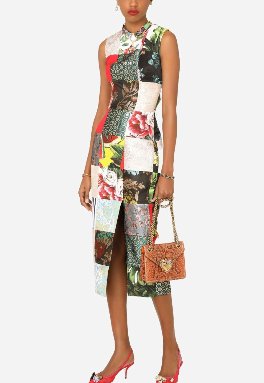 Evening * | Dolce & Gabbana Sleeveless Patchwork Jacquard Midi Dress Multicolor