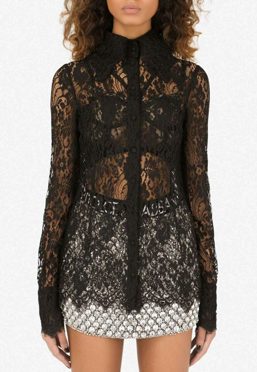 Evening * | Dolce & Gabbana Long-Sleeved Lace Shirt Black