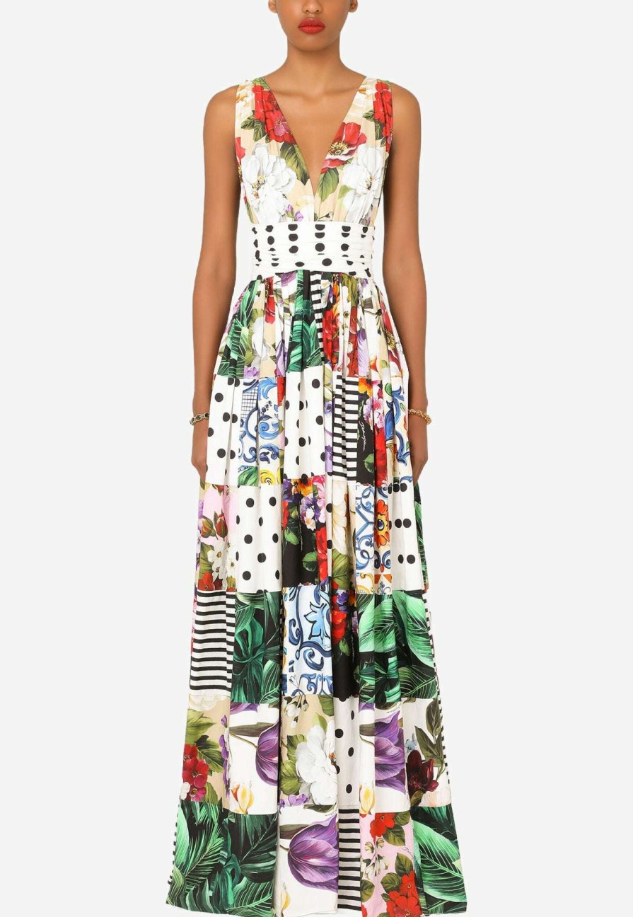 Evening * | Dolce & Gabbana Patchwork Sleeveless Cotton Maxi Dress Multicolor