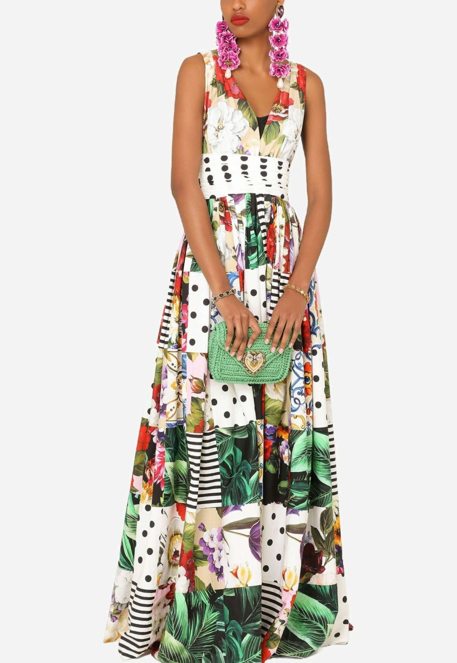 Evening * | Dolce & Gabbana Patchwork Sleeveless Cotton Maxi Dress Multicolor