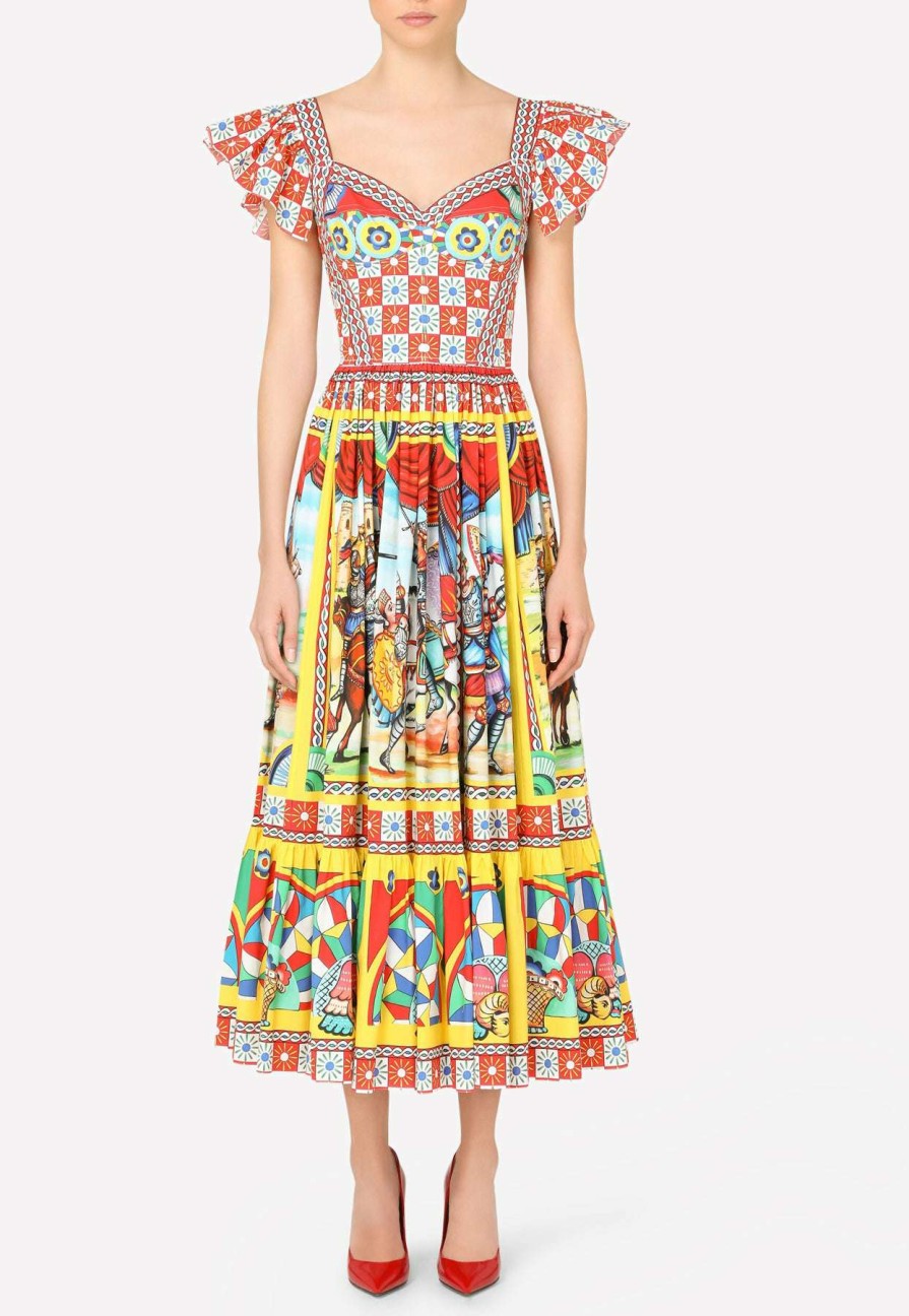 Evening * | Dolce & Gabbana Carretto Print Cotton Poplin Bustier Dress Multicolor