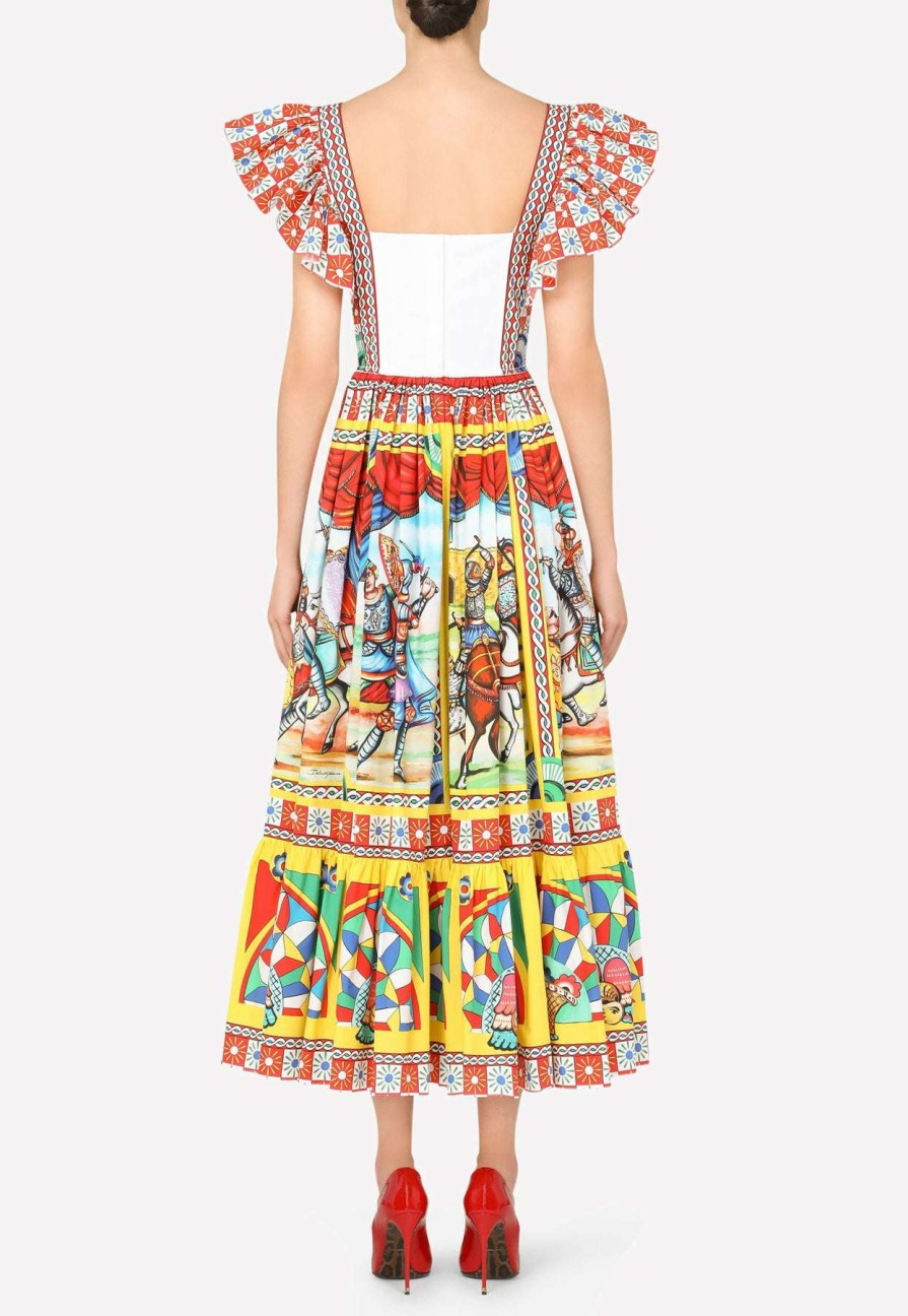 Evening * | Dolce & Gabbana Carretto Print Cotton Poplin Bustier Dress Multicolor