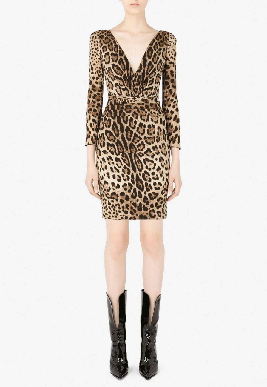 Evening * | Dolce & Gabbana Leopard Print V-Neck Charmeuse Mini Dress Brown