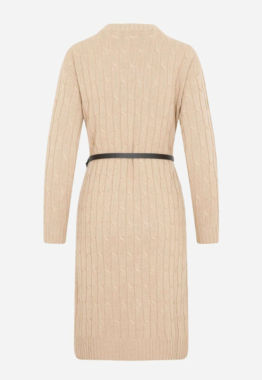 Dresses * | Peserico Knitted Wool Cable Long-Sleeved Midi Dress Nude