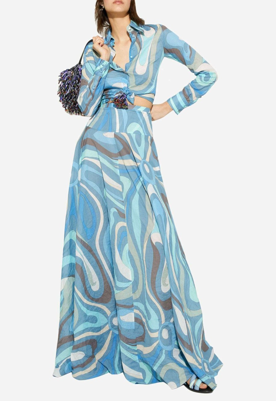 Skirts * | Emilio Pucci Marmo Print Flared Maxi Skirt Blue