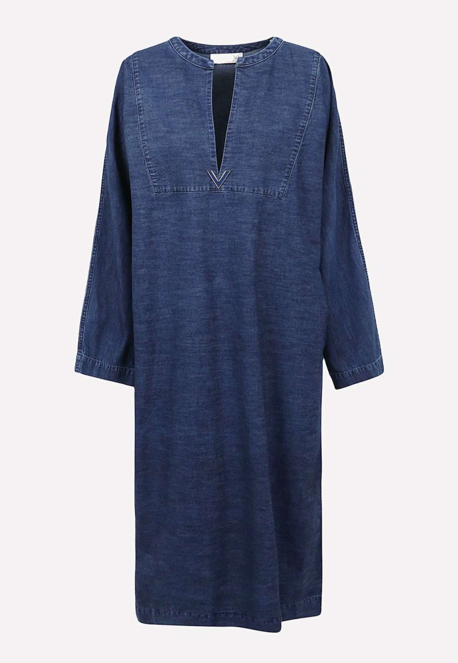 Dresses * | Valentino V-Neck Denim Kaftan Dress Blue