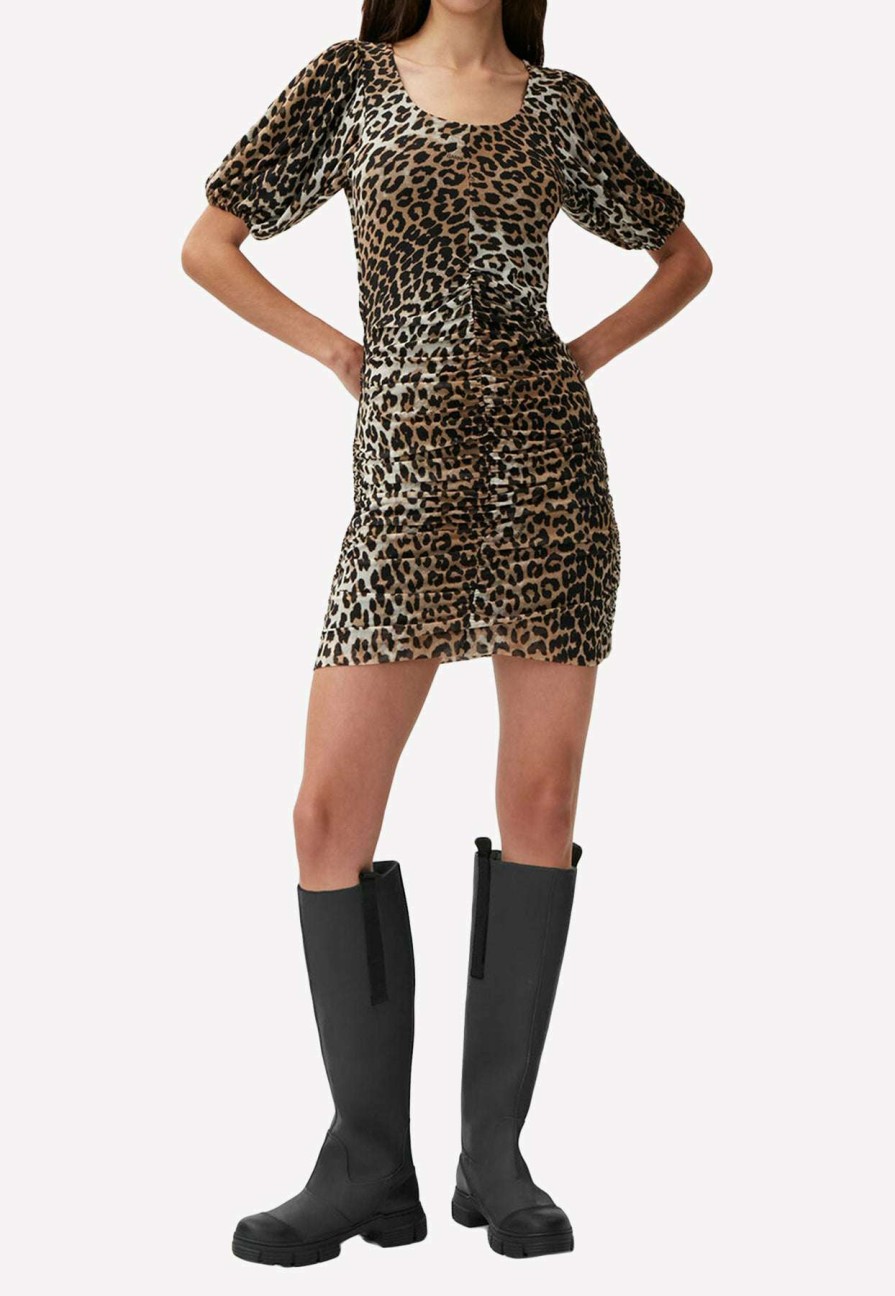 Dresses * | Ganni Leopard Print Fitted Mini Dress Brown