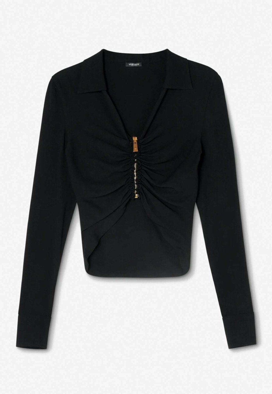 Evening * | Versace Medusa Ruched Zip-Up Cropped Shirt Black