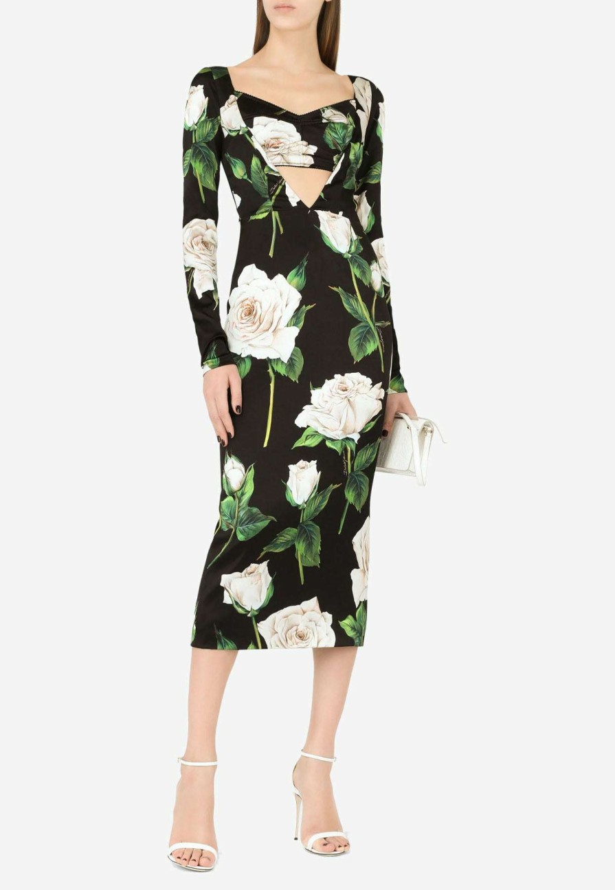 Evening * | Dolce & Gabbana Floral Print Midi Dress In Satin Multicolor