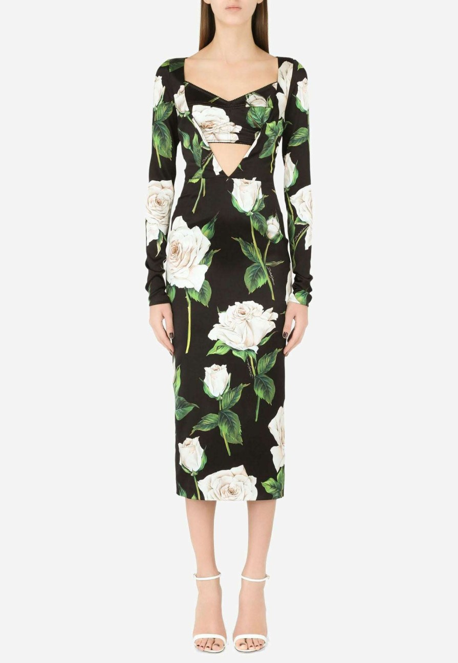 Evening * | Dolce & Gabbana Floral Print Midi Dress In Satin Multicolor