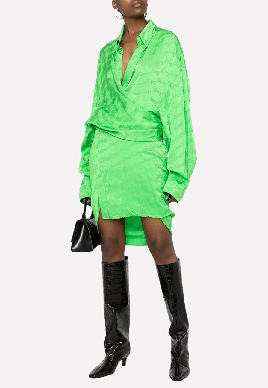 Dresses * | Balenciaga Bb Monogram Jacquard Asymmetric Wrap Dress Green