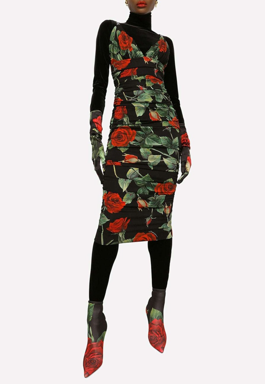 Evening * | Dolce & Gabbana Rose Print Silk Charmeuse Midi Dress Multicolor