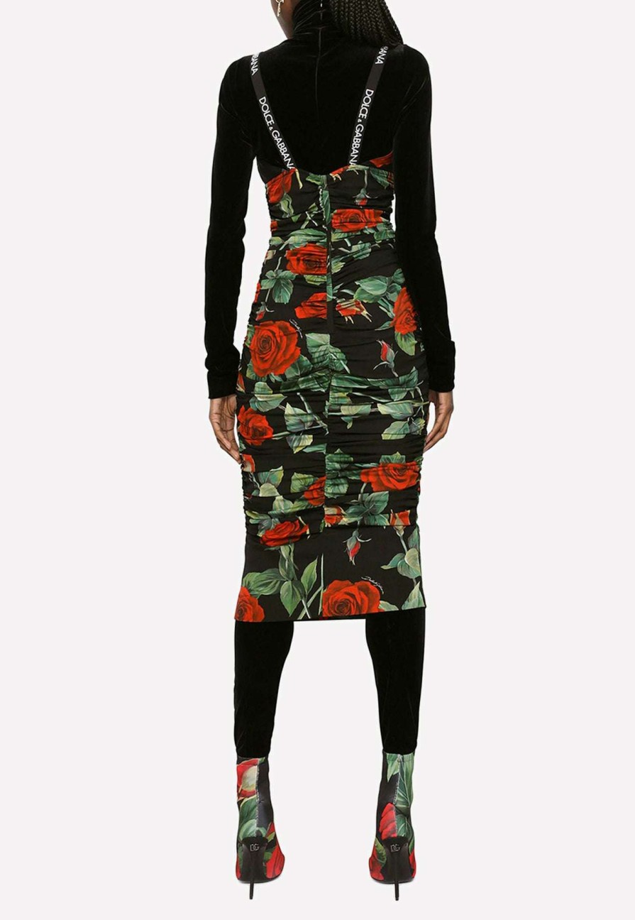 Evening * | Dolce & Gabbana Rose Print Silk Charmeuse Midi Dress Multicolor