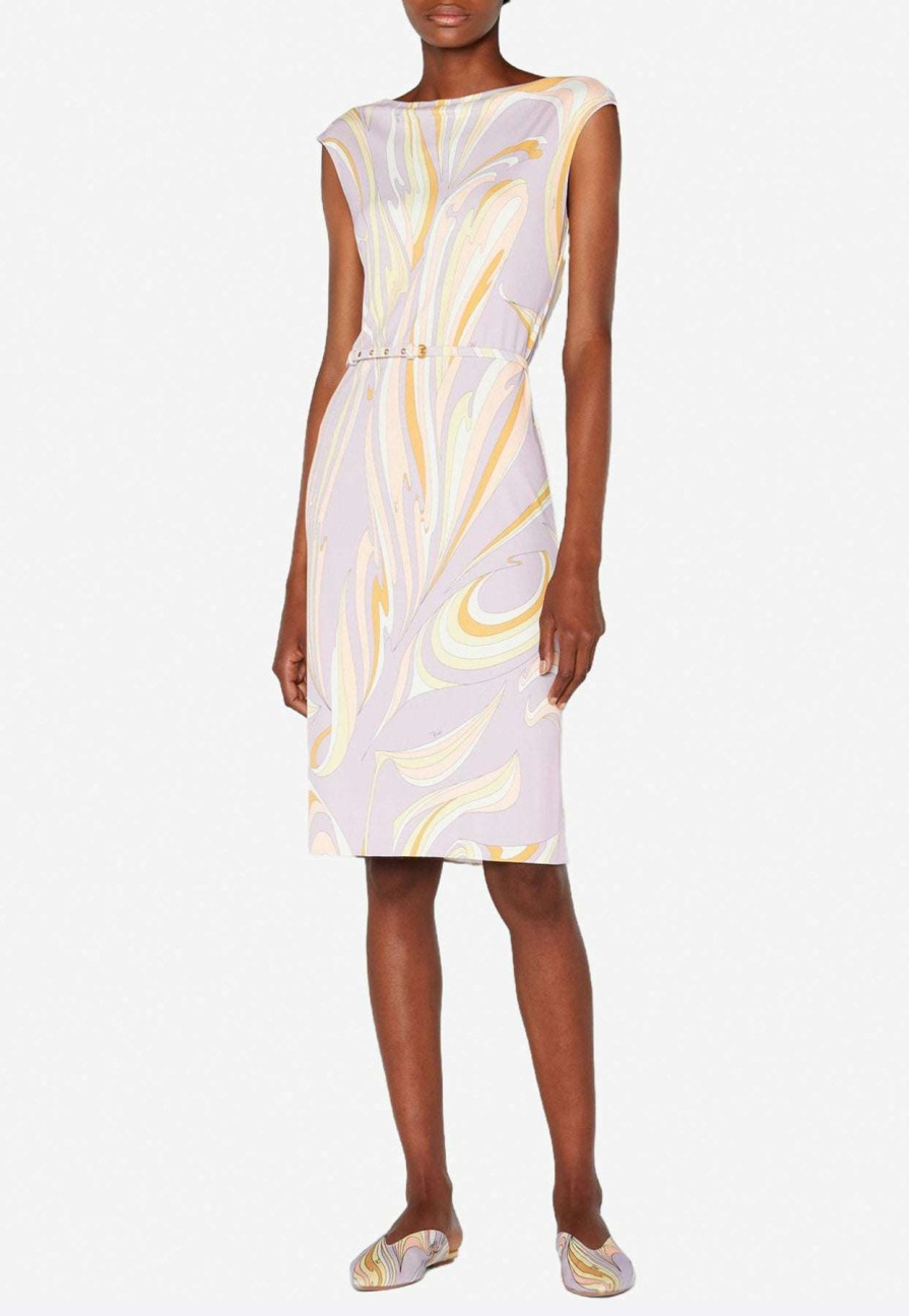 Dresses * | Emilio Pucci Vortici Print Belted Satin Dress Purple