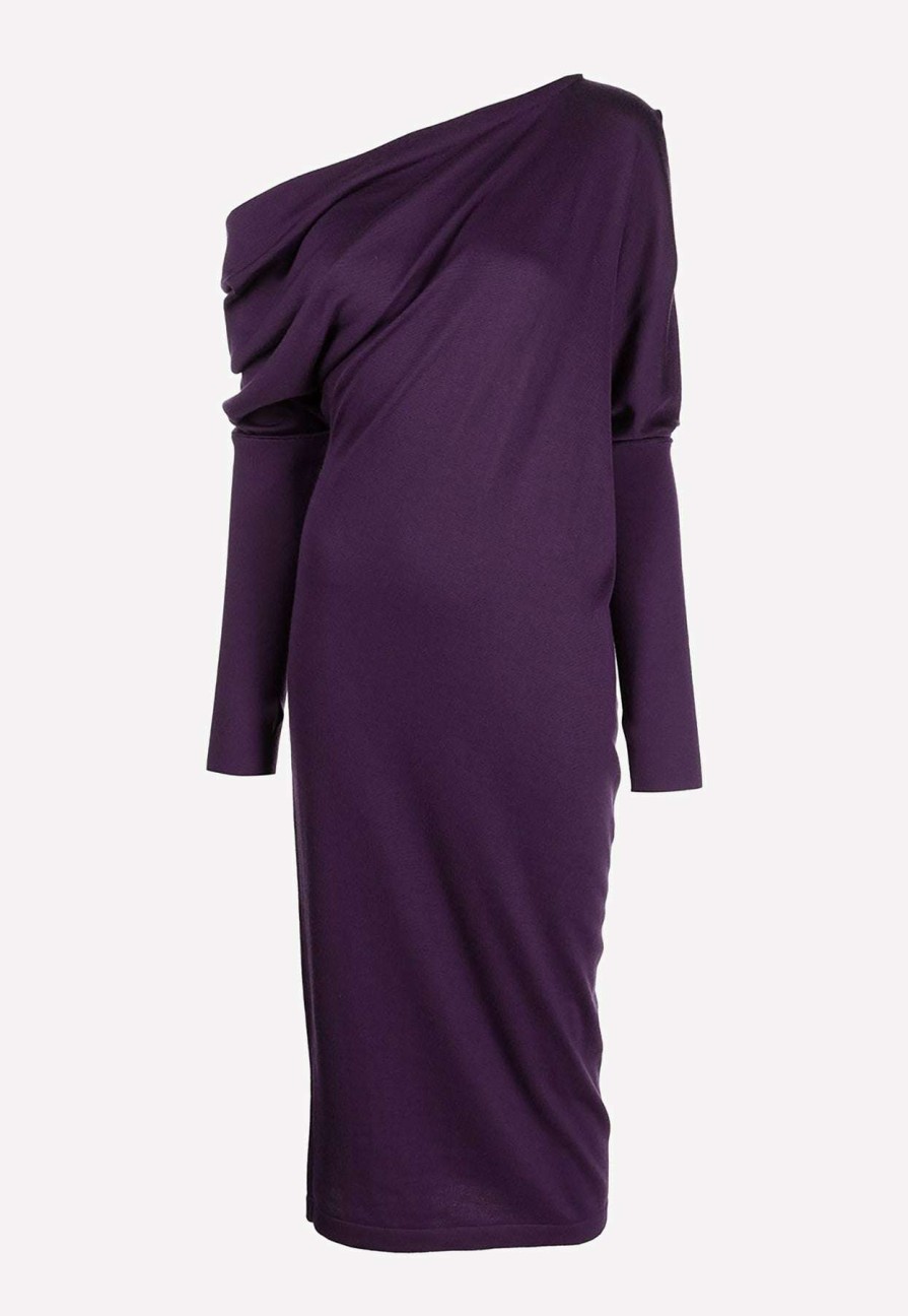 Evening * | Tom Ford Draped Shoulder Cashmere And Silk Midi Dress Purple