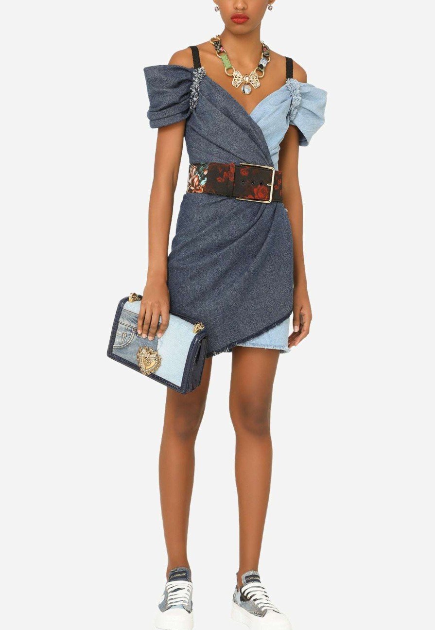 Dresses * | Dolce & Gabbana Sweetheart Patchwork Denim Dress Blue