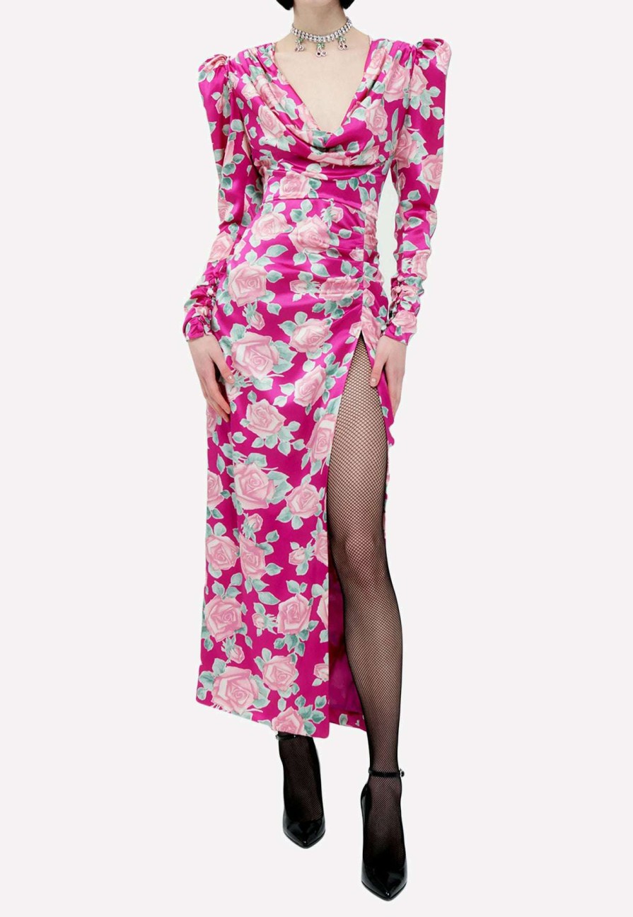 Dresses * | Alessandra Rich Floral Print Maxi Silk Dress Fuchsia