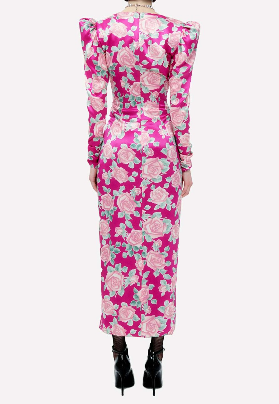 Dresses * | Alessandra Rich Floral Print Maxi Silk Dress Fuchsia