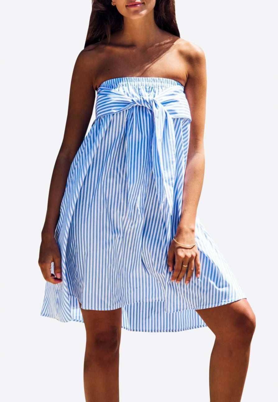 Dresses * | Les Canebiers Marronnier Striped Off-Shoulder Mini Dress With Sleeve Knots Blue