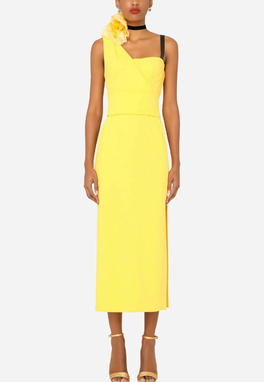 Evening * | Dolce & Gabbana One-Shoulder Crepe De Chine Midi Dress Yellow