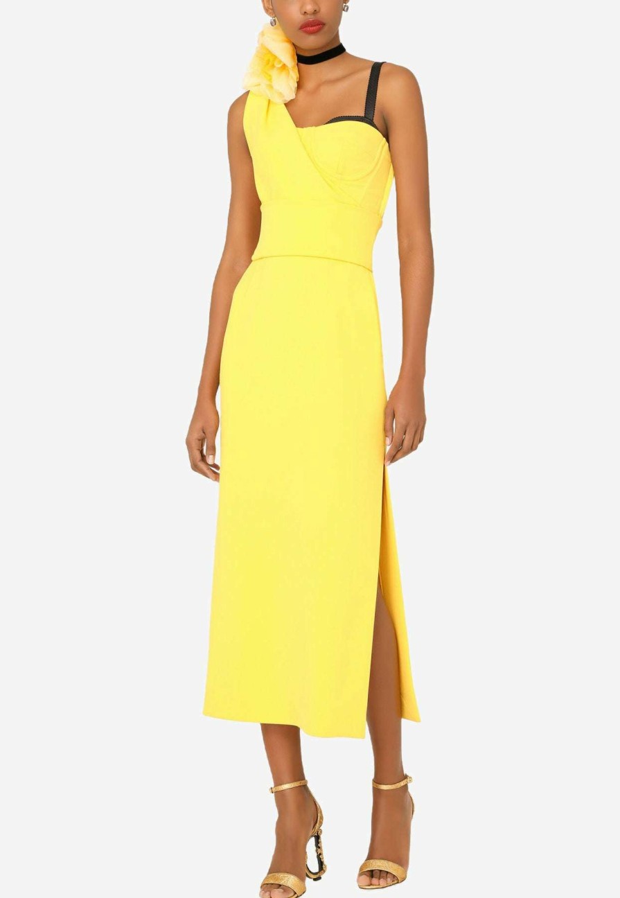 Evening * | Dolce & Gabbana One-Shoulder Crepe De Chine Midi Dress Yellow