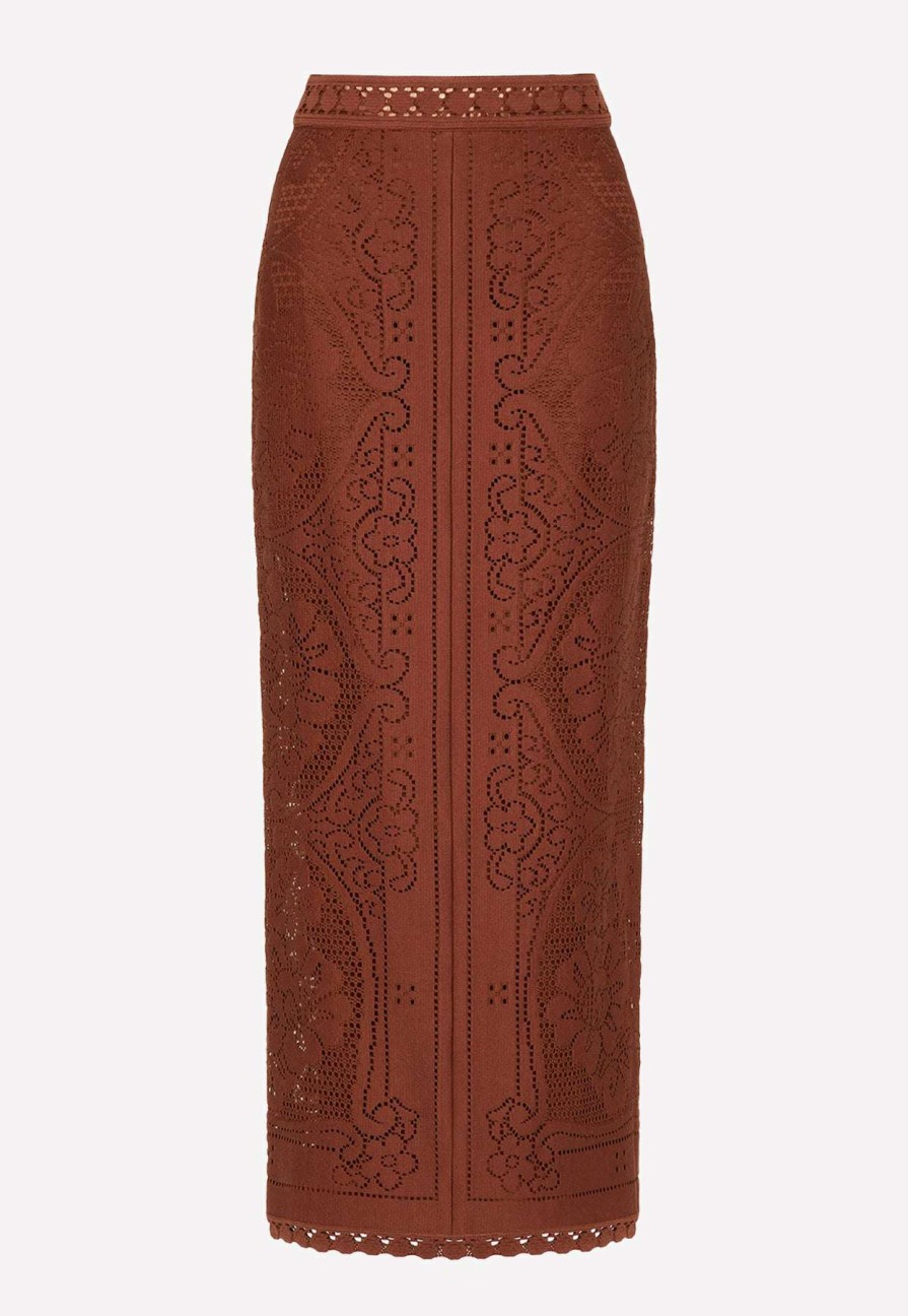 Skirts * | Valentino Floral Lace Midi Skirt Brown