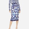 Evening * | Dolce & Gabbana Majolica Print Charmeuse Midi Dress Blue