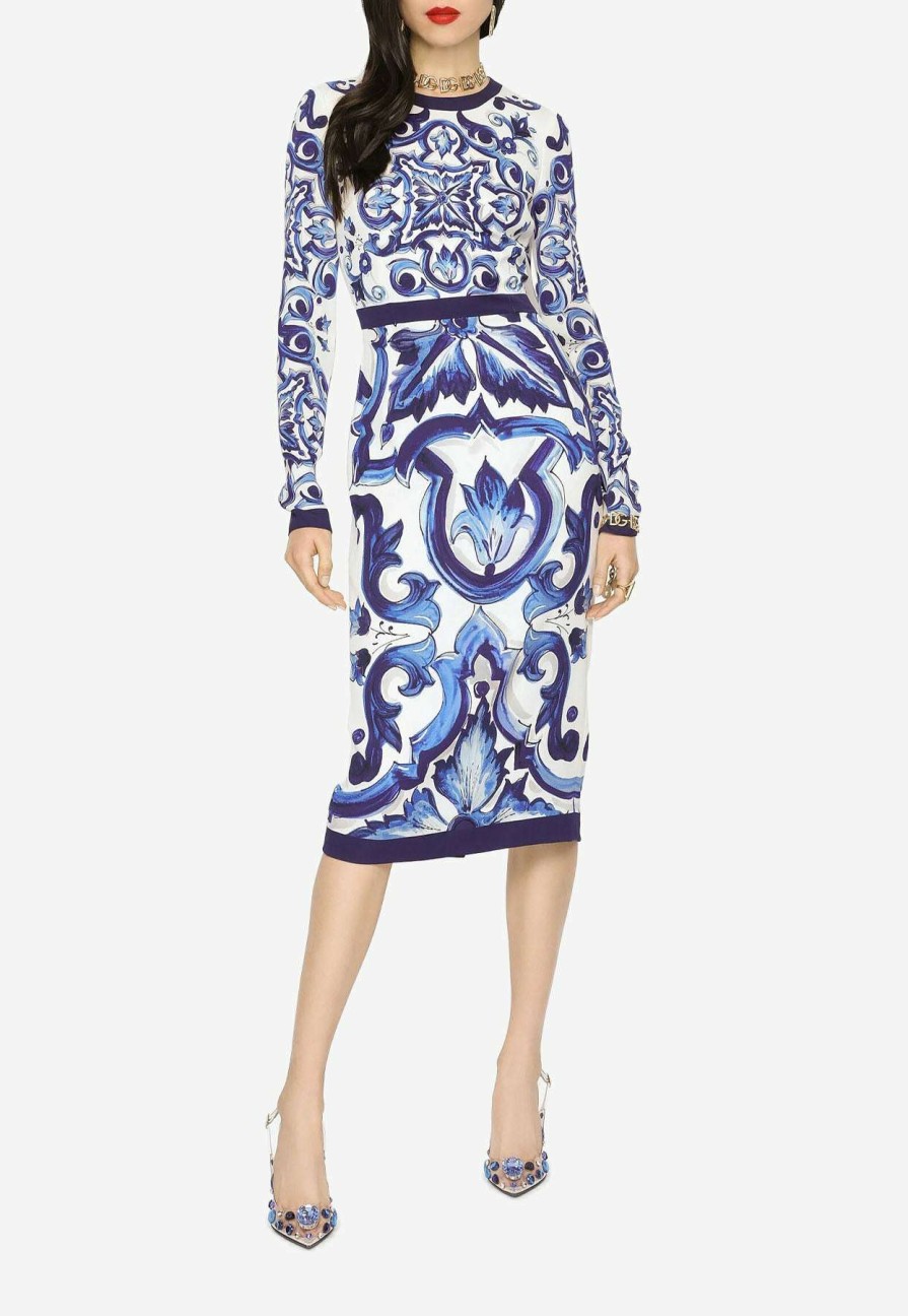 Evening * | Dolce & Gabbana Majolica Print Charmeuse Midi Dress Blue