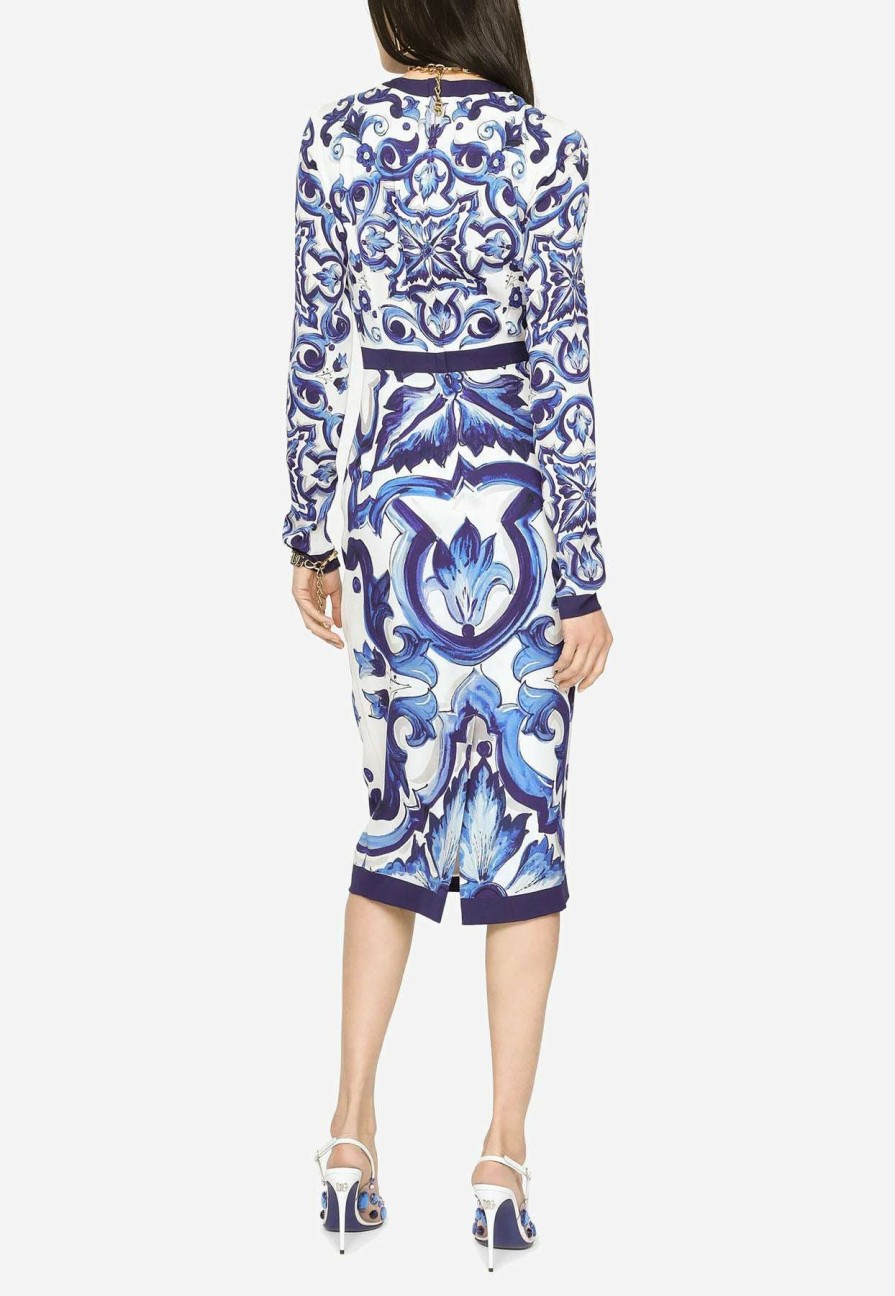 Evening * | Dolce & Gabbana Majolica Print Charmeuse Midi Dress Blue