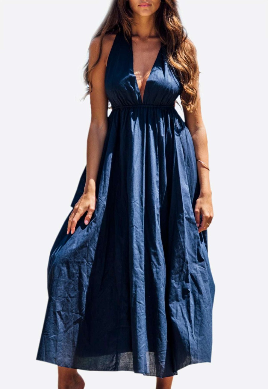 Dresses * | Les Canebiers Neptune Open Back Maxi Summer Dress Blue