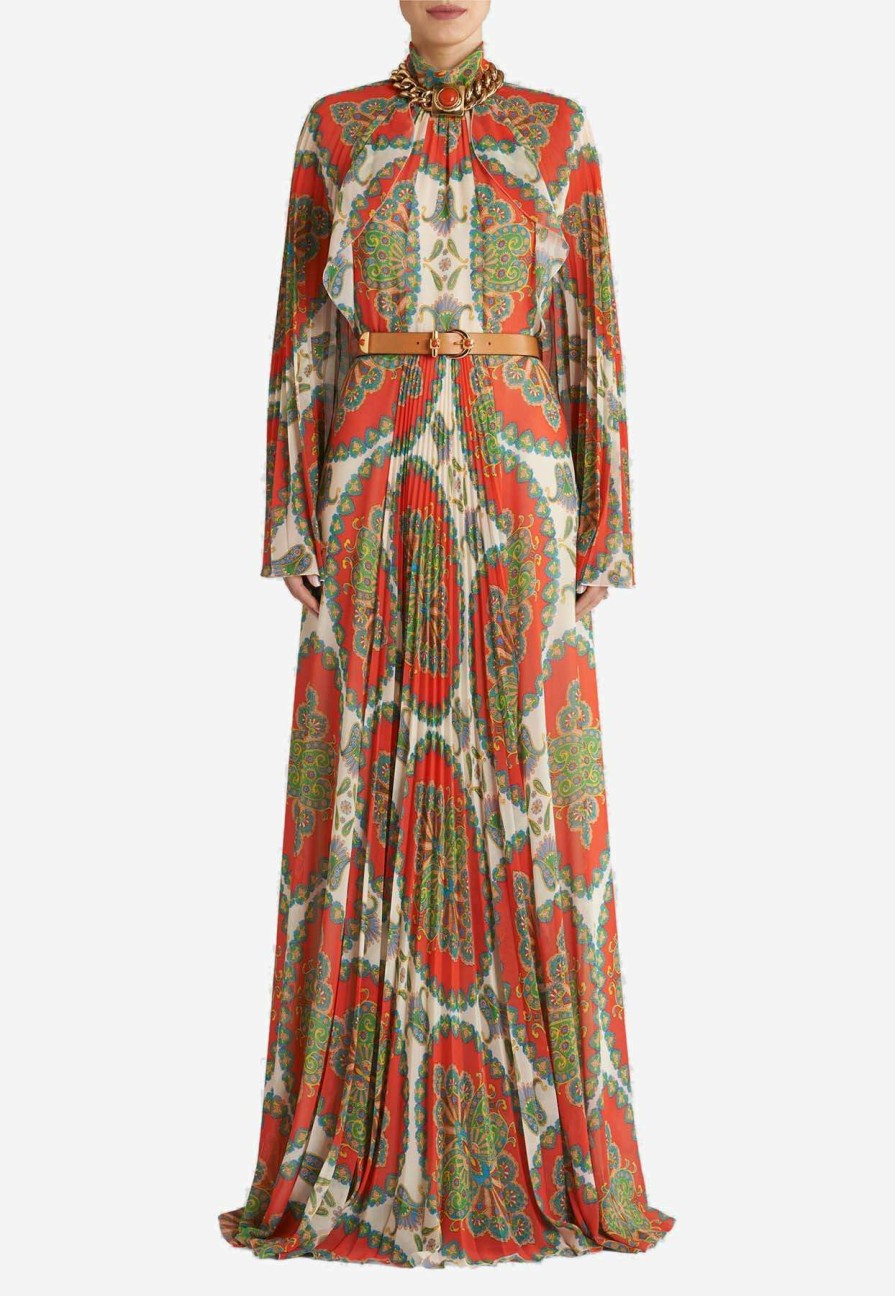 Dresses * | Etro Long Pleated Georgette Paisley Printed Maxi Dress Multicolor