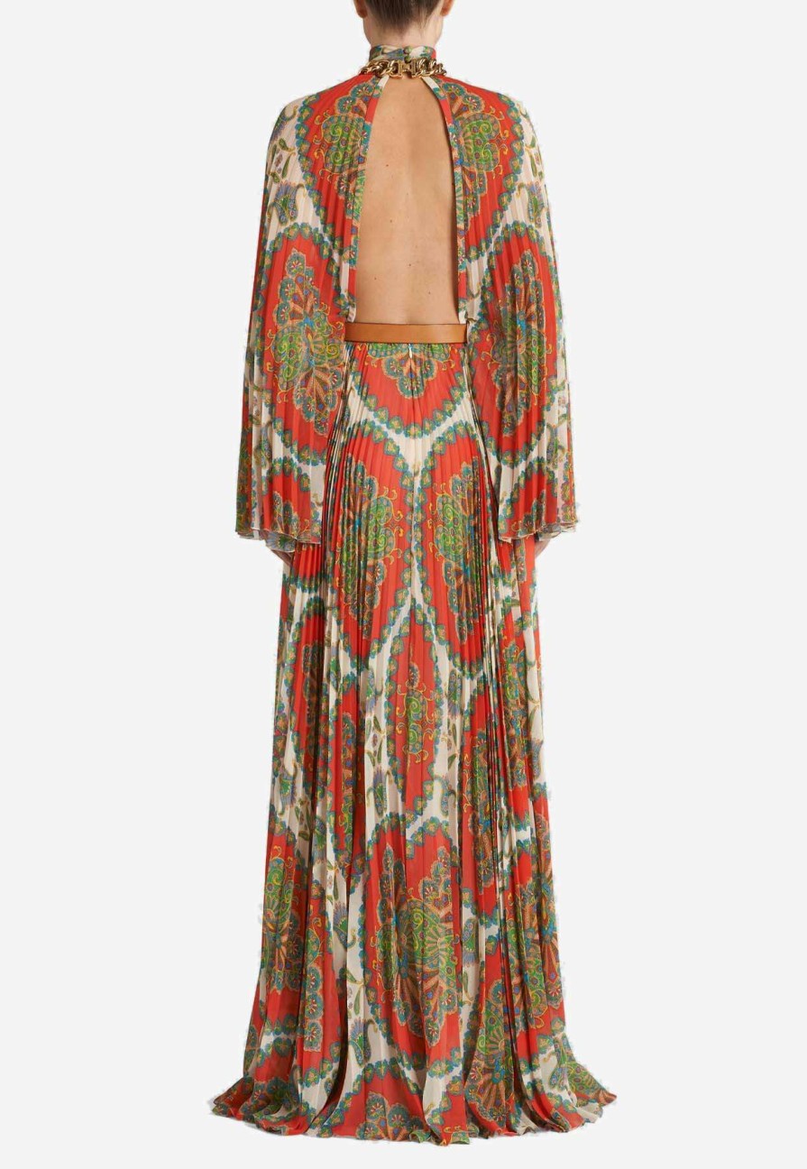 Dresses * | Etro Long Pleated Georgette Paisley Printed Maxi Dress Multicolor