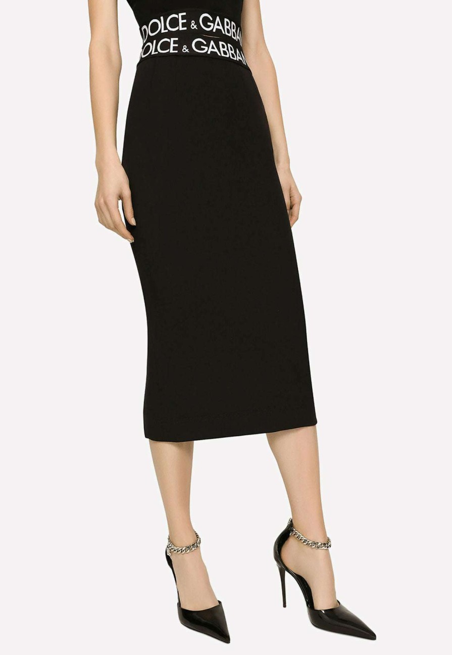 Skirts * | Dolce & Gabbana Logo Waistband Midi Pencil Skirt Black