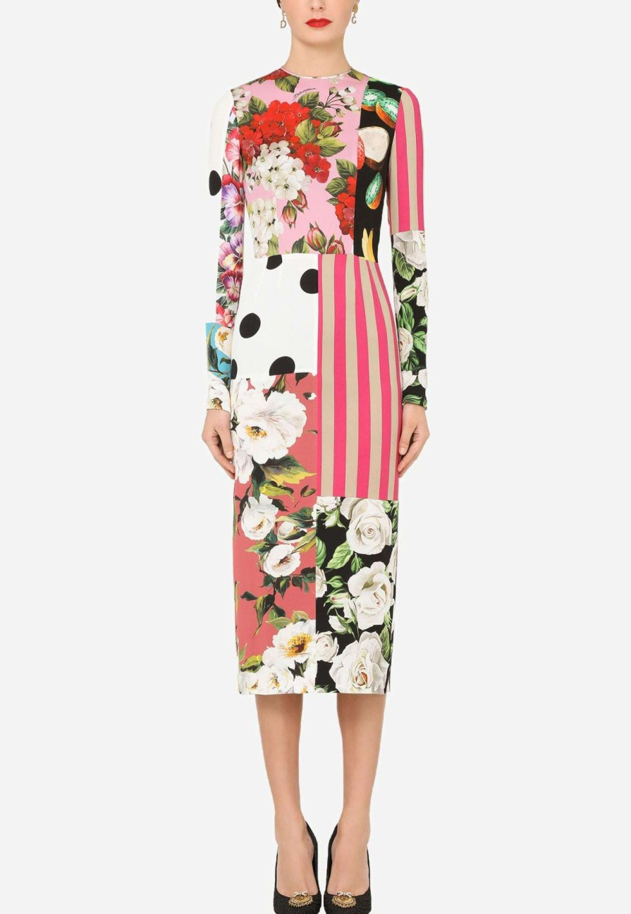 Dresses * | Dolce & Gabbana Long-Sleeved Patchwork Silk Midi Dress Multicolor