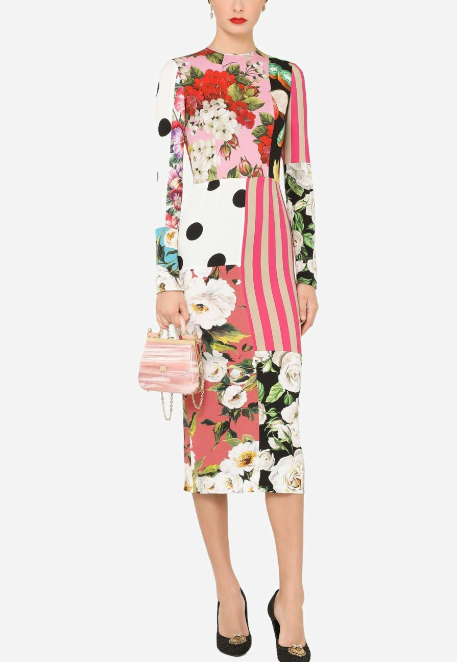 Dresses * | Dolce & Gabbana Long-Sleeved Patchwork Silk Midi Dress Multicolor