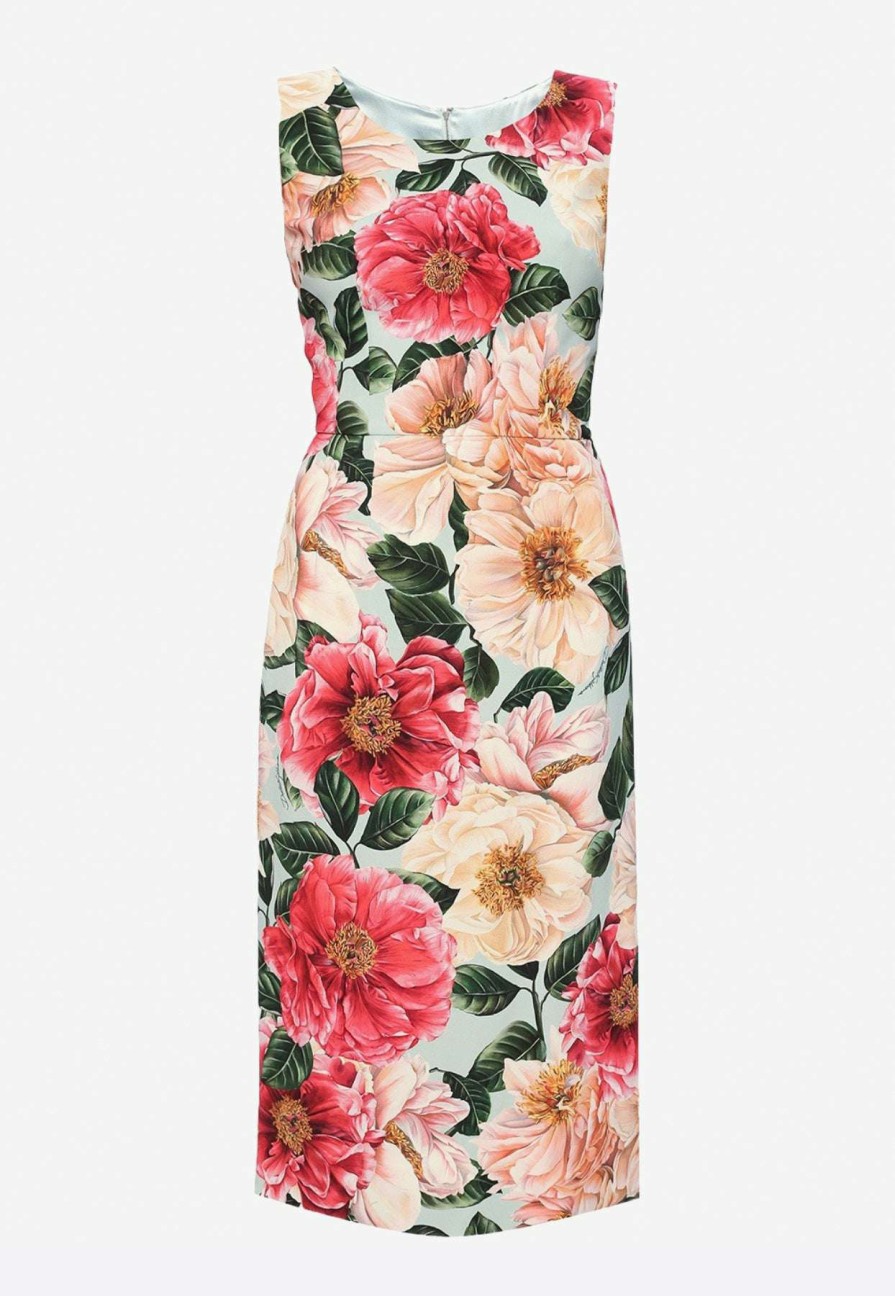 Evening * | Dolce & Gabbana Camellia Print Sleeveless Crepe Dress Multicolor