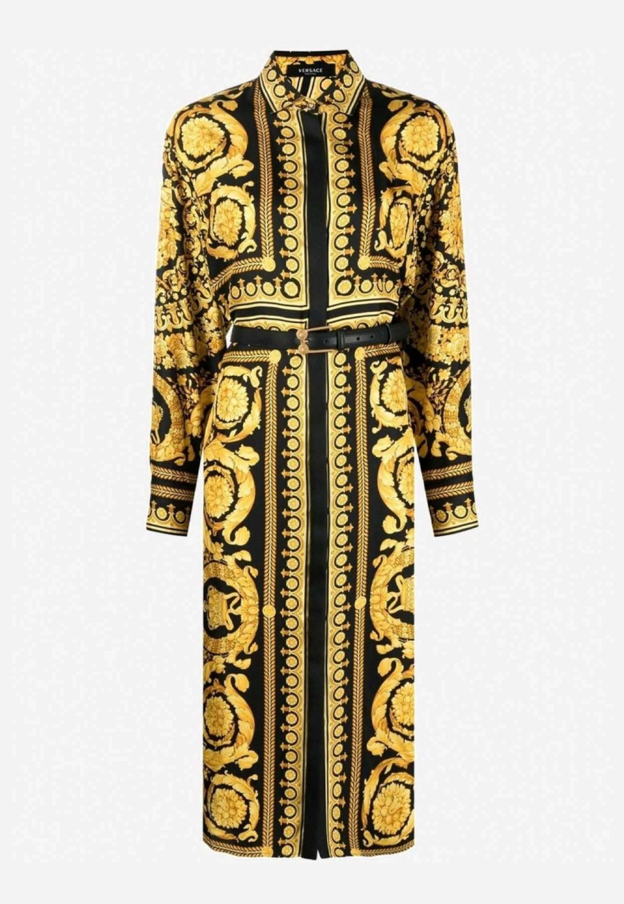 Dresses * | Versace Baroque Print Belted Shirt Dress Yellow