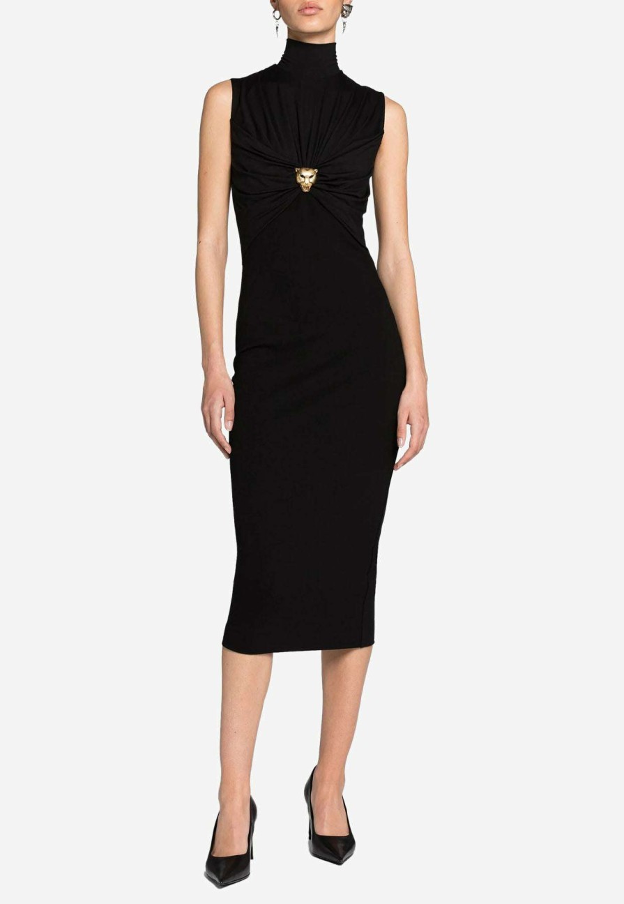 Evening * | Roberto Cavalli Panther Head Gathered Midi Dress Black