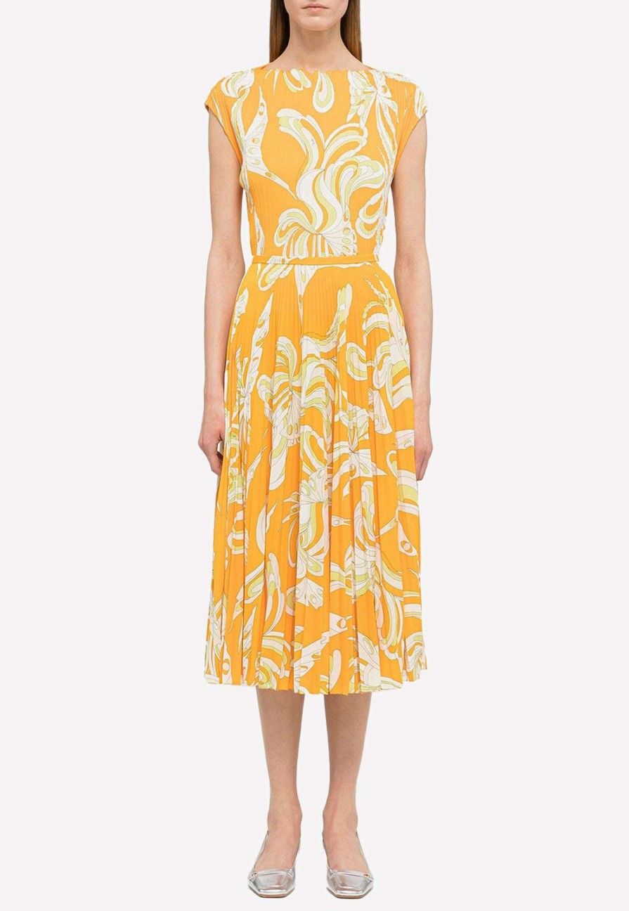 Skirts * | Emilio Pucci Farfalle Print Plisse Midi Skirt Orange