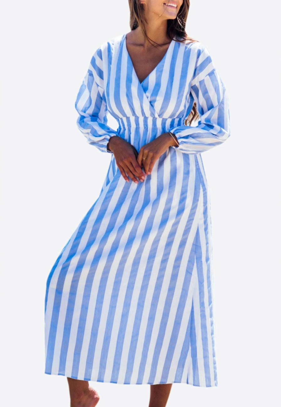 Dresses * | Les Canebiers Eau Vive Elastic Waist Striped Maxi Dress Blue