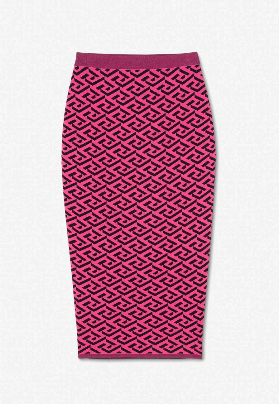 Skirts * | Versace La Greca Jacquard Midi Pencil Skirt Pink