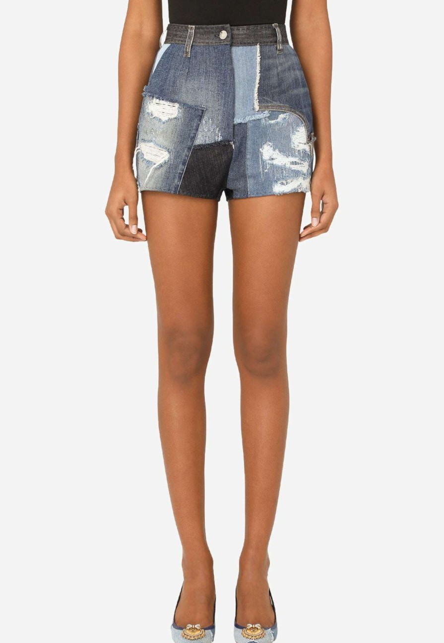 Shorts * | Dolce & Gabbana High-Waist Patchwork Denim Shorts Blue