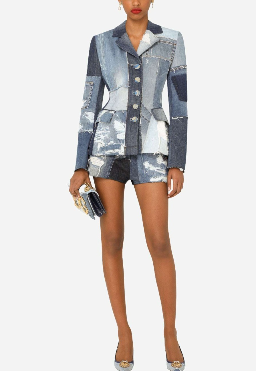 Shorts * | Dolce & Gabbana High-Waist Patchwork Denim Shorts Blue