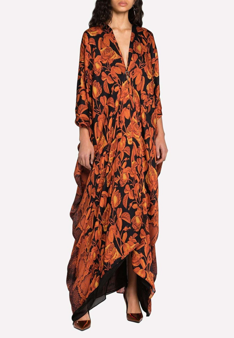 Dresses * | Roberto Cavalli Rose-Print Cut-Out Silk Kaftan Orange