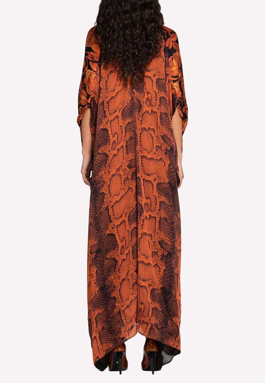 Dresses * | Roberto Cavalli Rose-Print Cut-Out Silk Kaftan Orange