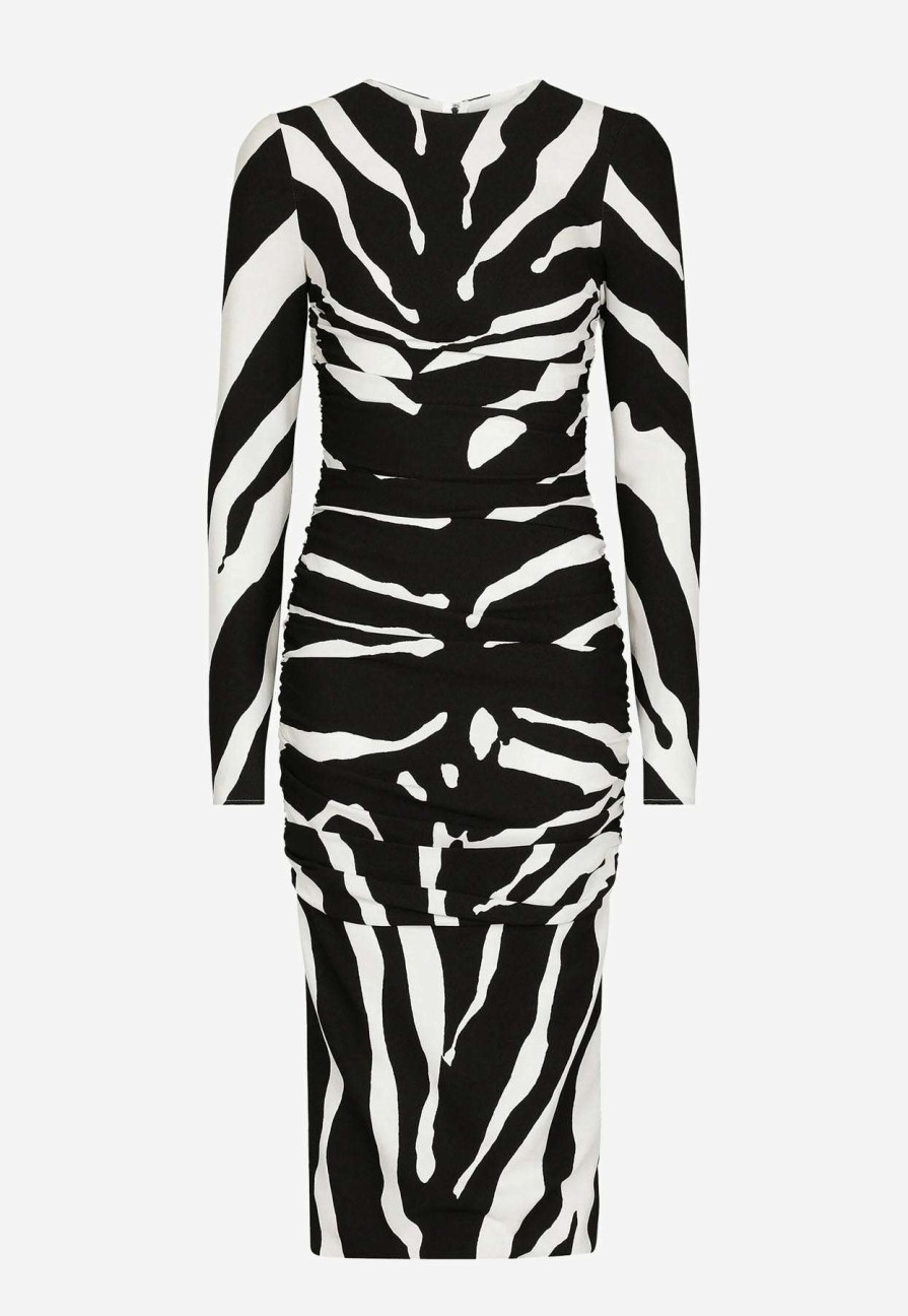 Dresses * | Dolce & Gabbana Zebra Print Ruched Cady Midi Dress Monochrome