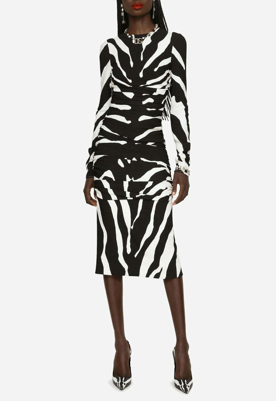 Dresses * | Dolce & Gabbana Zebra Print Ruched Cady Midi Dress Monochrome