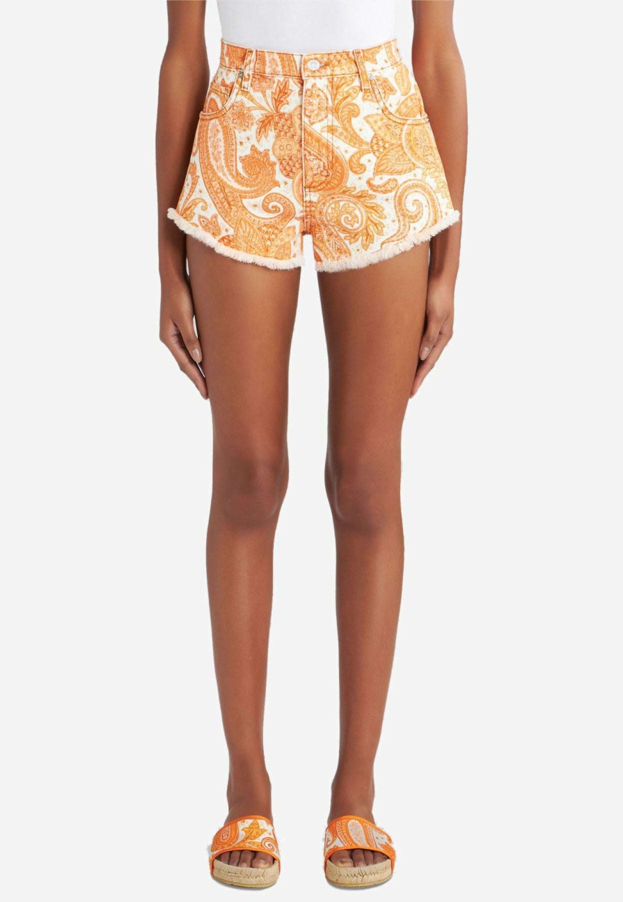 Shorts * | Etro Liquid Paisley Fringed Mini Shorts Orange